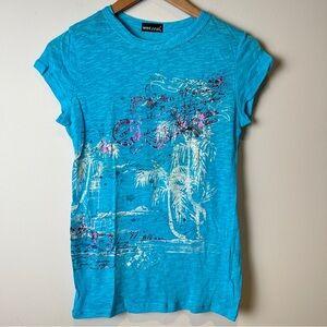 Vintage Y2K Wet Seal Fairycore Turquoise Graphic Tee w/ Metallic Accents